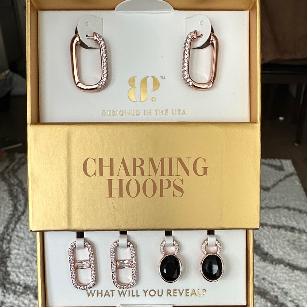 BP Rose Gold Plated Hoops with Black Onyx and Diamond Cubic Zirconia